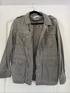 Antique Olive Green Utility Jacket with Stud Accents